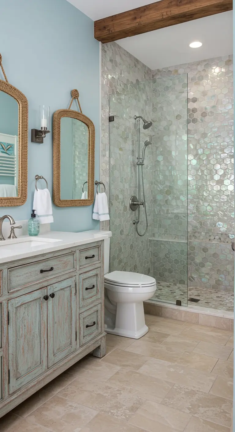 Coastal bathroom with a distressed blue vanity, rope-framed mirrors, and iridescent hex tiles in the shower.