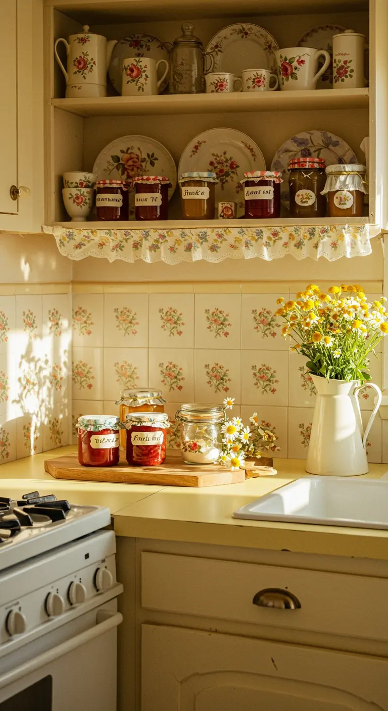 A cottage kitchen with floral tiles, vintage plates, and jars of jam on open shelves.