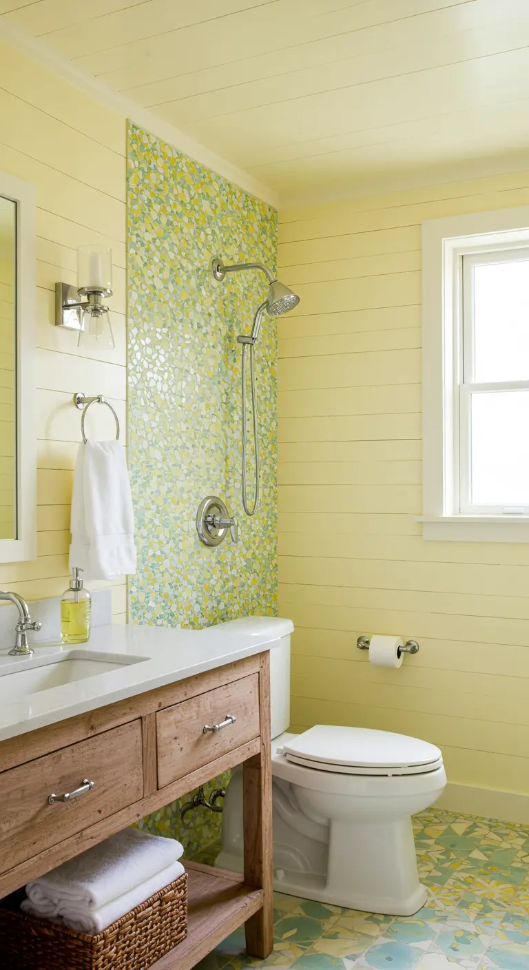 Bright bathroom with pale yellow shiplap walls and a yellow-and-green mosaic tile shower.