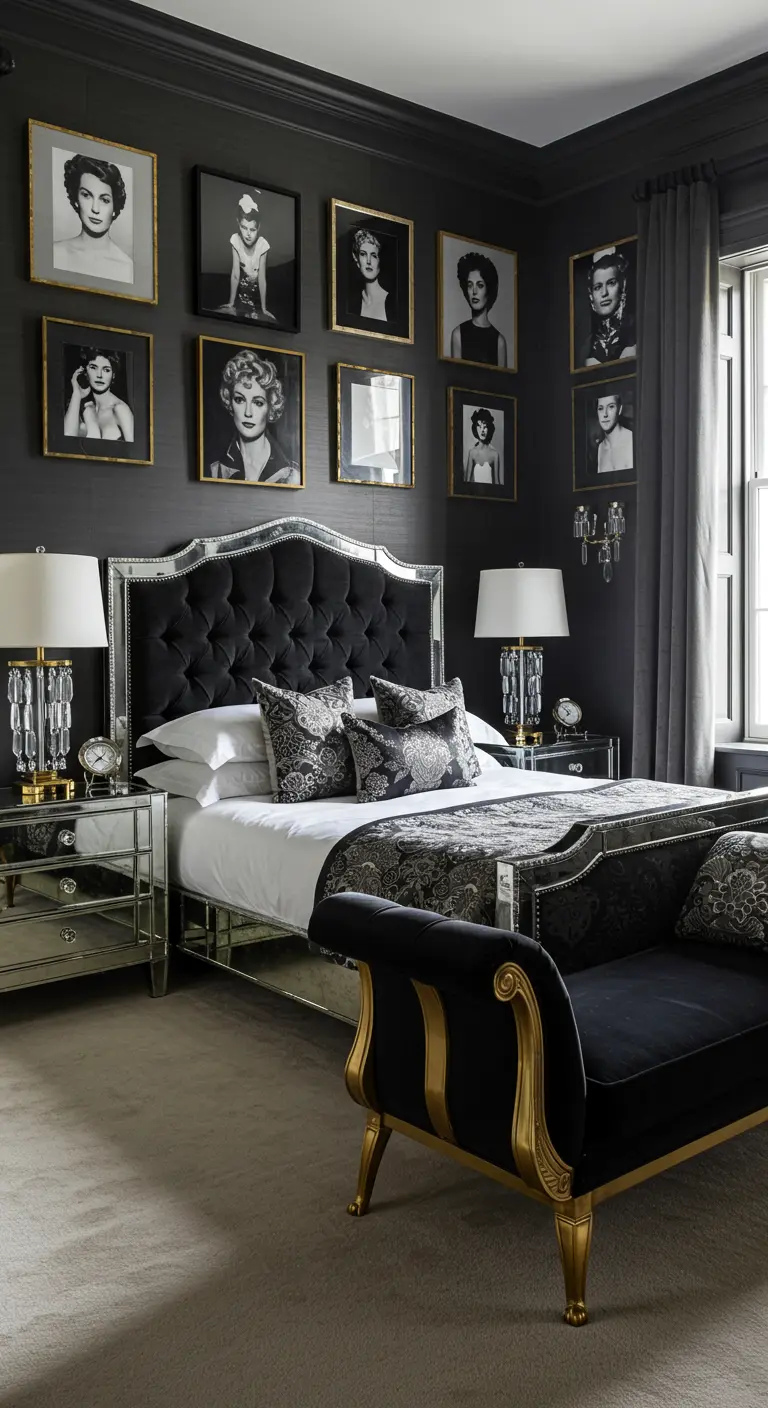 Hollywood Regency style bedroom with a silver bed and mirrored furniture.