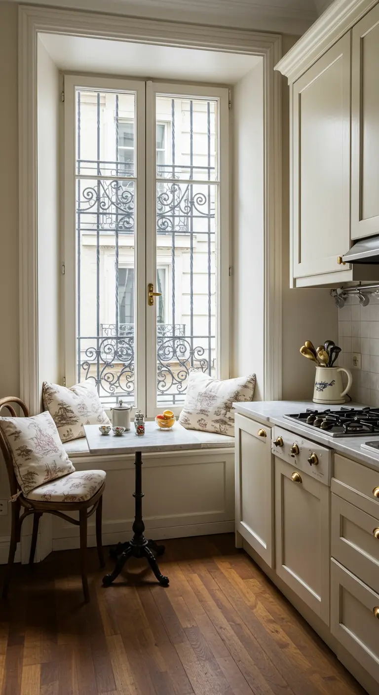 Parisian-style kitchen nook with cream cabinets and a bistro table.