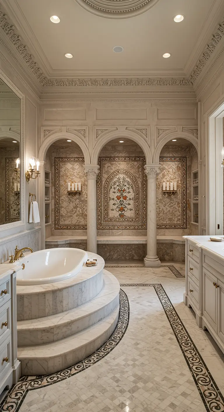 Grand neoclassical bathroom with marble columns, arches, mosaics, and a stepped tub.