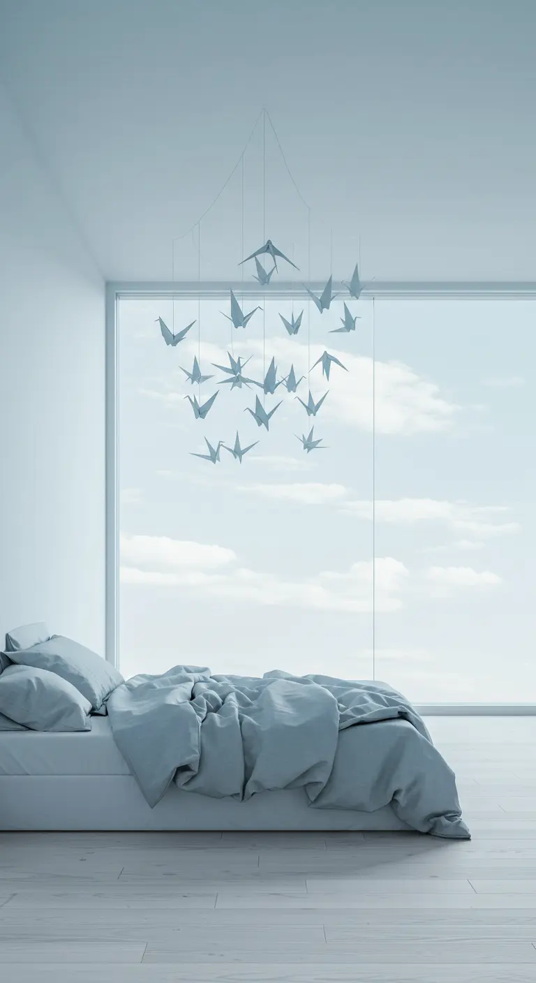 Minimalist pale blue bedroom with a paper crane mobile hanging over the bed.