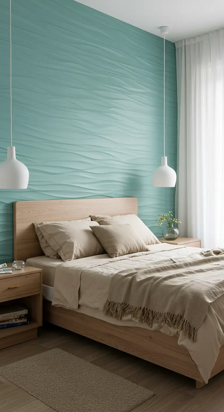 A bedroom with a seafoam green accent wall made of 3D wave panels.