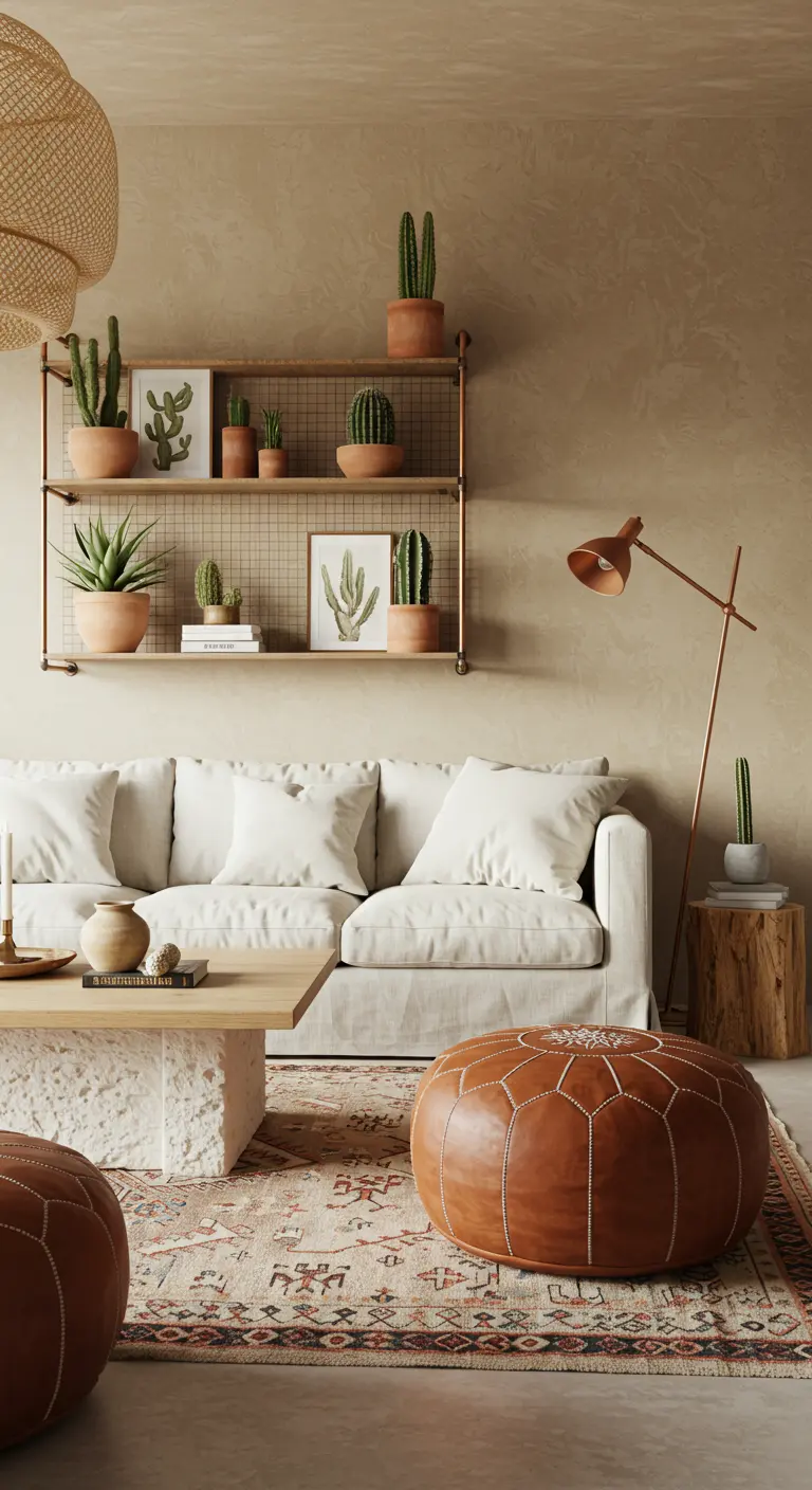 Desert-style room with copper pipe and mesh shelves holding cacti, next to a leather pouf.