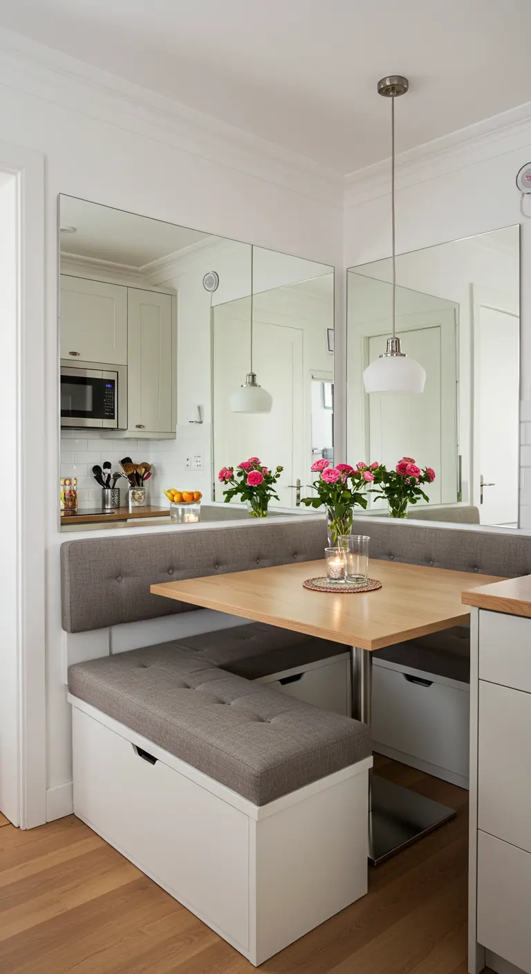 A kitchen dining nook with large mirror panels installed behind a gray upholstered banquette.