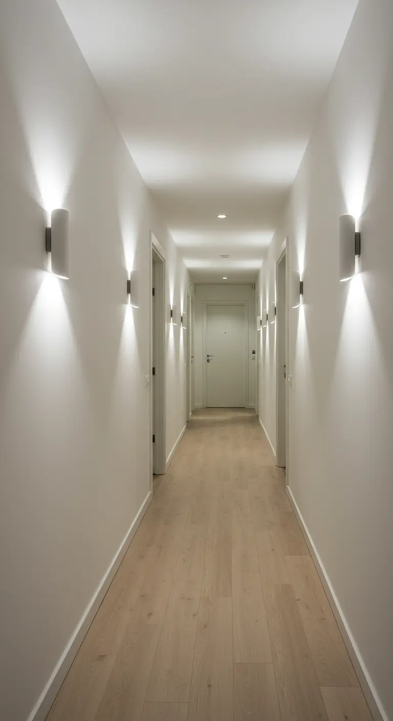A long, white hallway with light wood floors, illuminated by repeating up-and-down wall sconces.