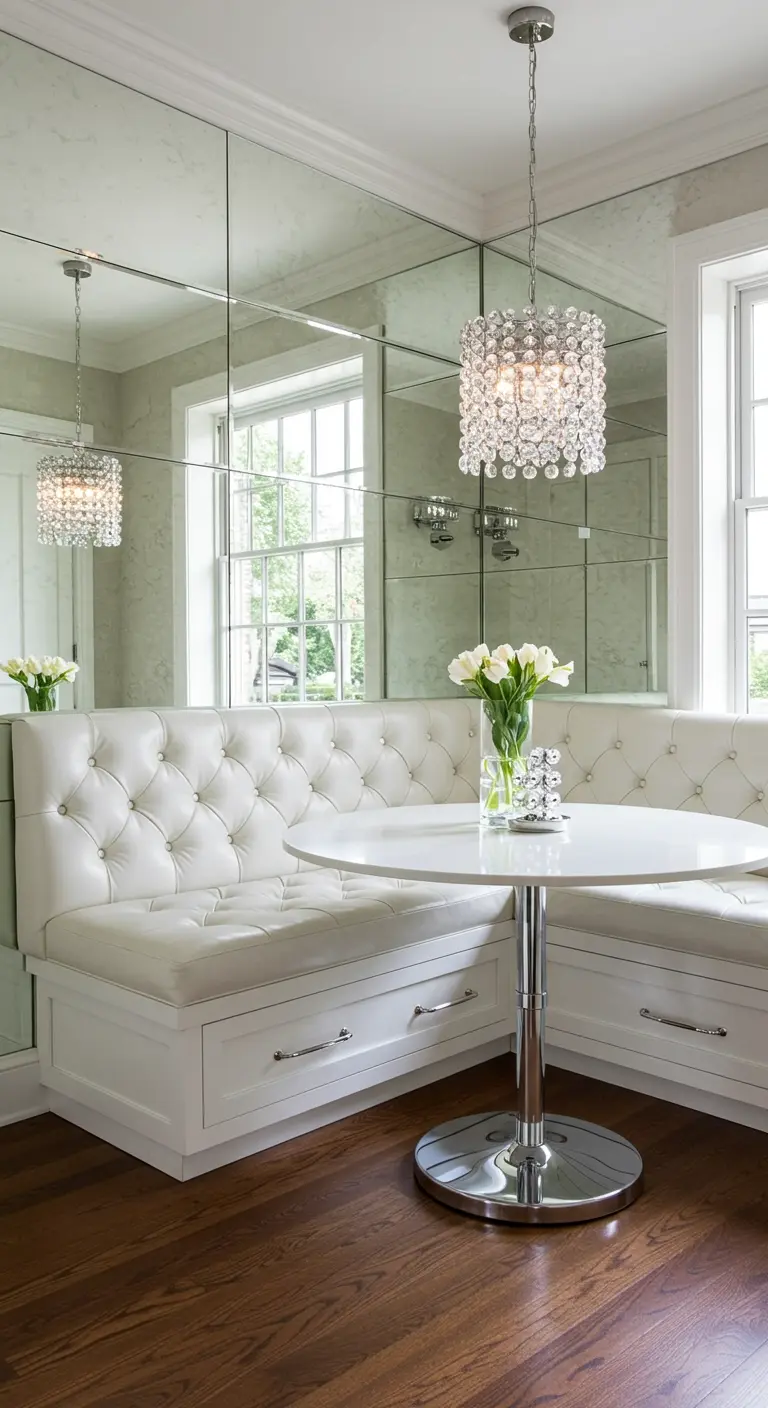 Breakfast nook with a white tufted banquette against a mirror wall and a crystal pendant light.