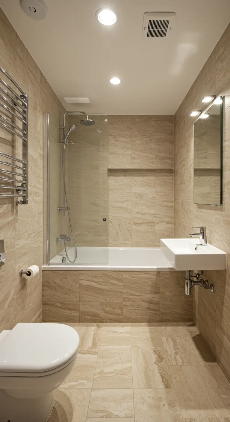 Narrow bathroom with large-format beige tiles on all surfaces and a glass shower panel.