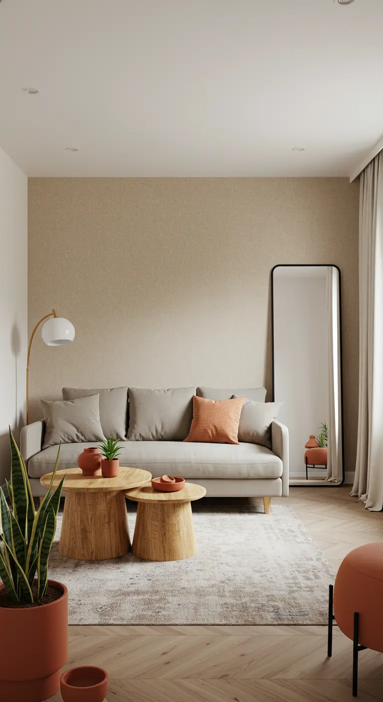 Neutral living room with textured beige wallpaper, a full-length mirror, and warm terracotta accents.