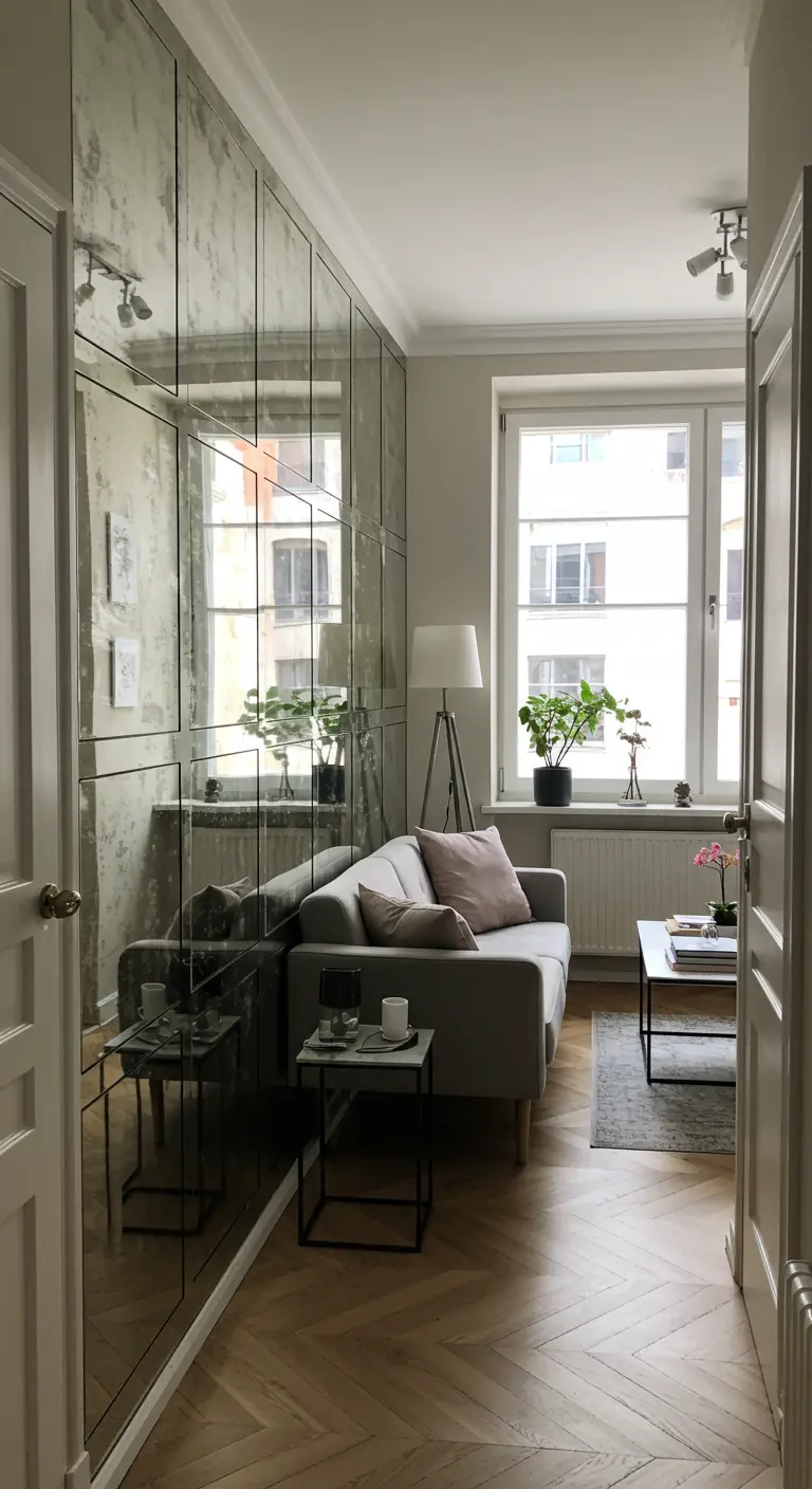 A living room wall covered in antiqued mirror panels to expand the space.