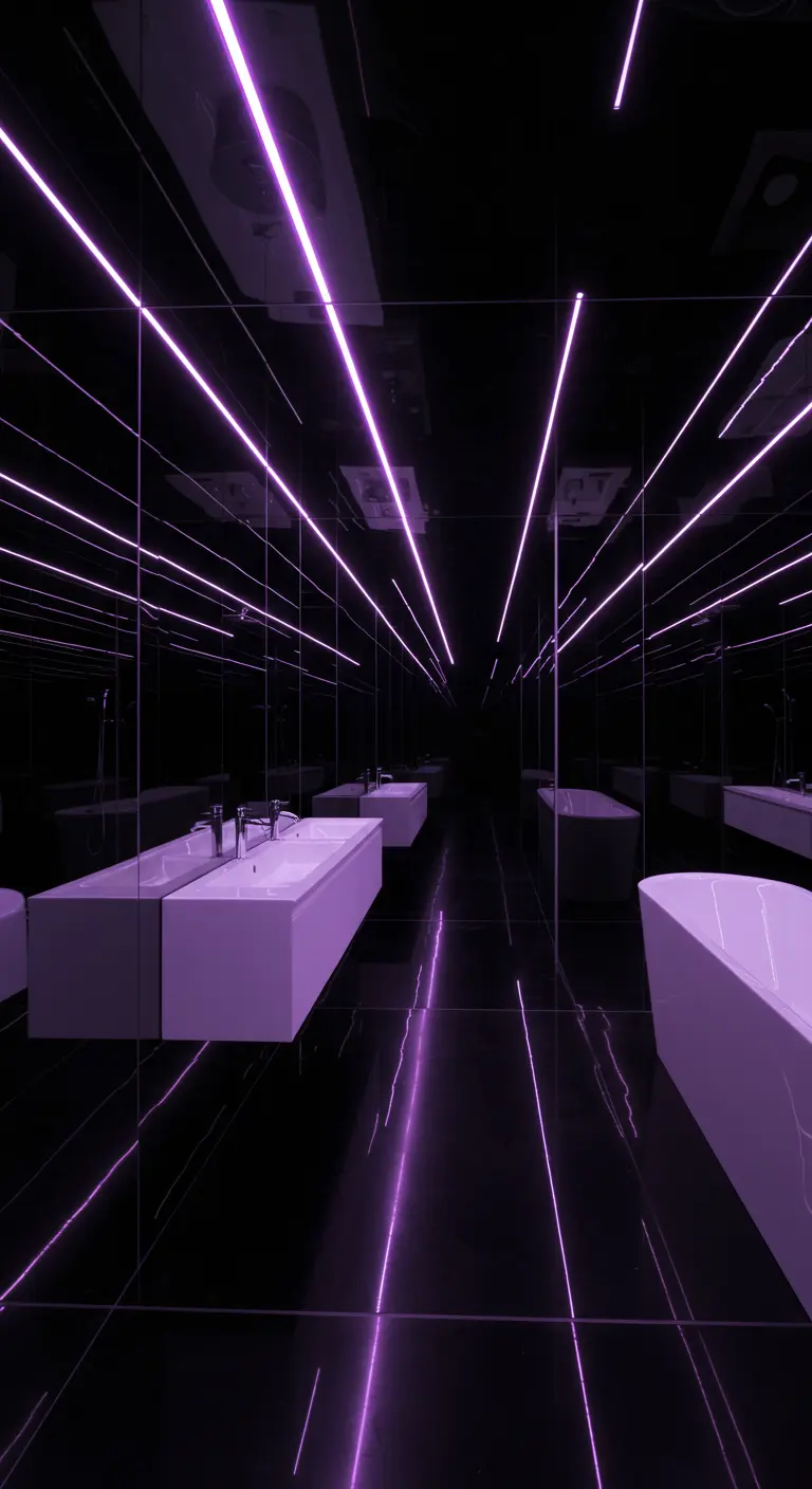 A bathroom with mirrored walls and purple LED strips creating an infinite reflection effect.
