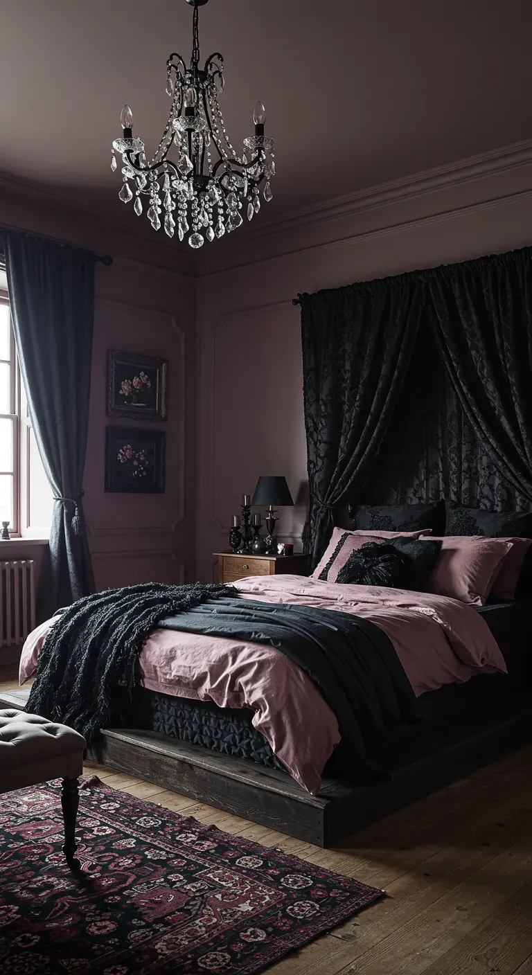Moody gothic bedroom with dark mauve walls, black curtains, and dusty rose bedding.