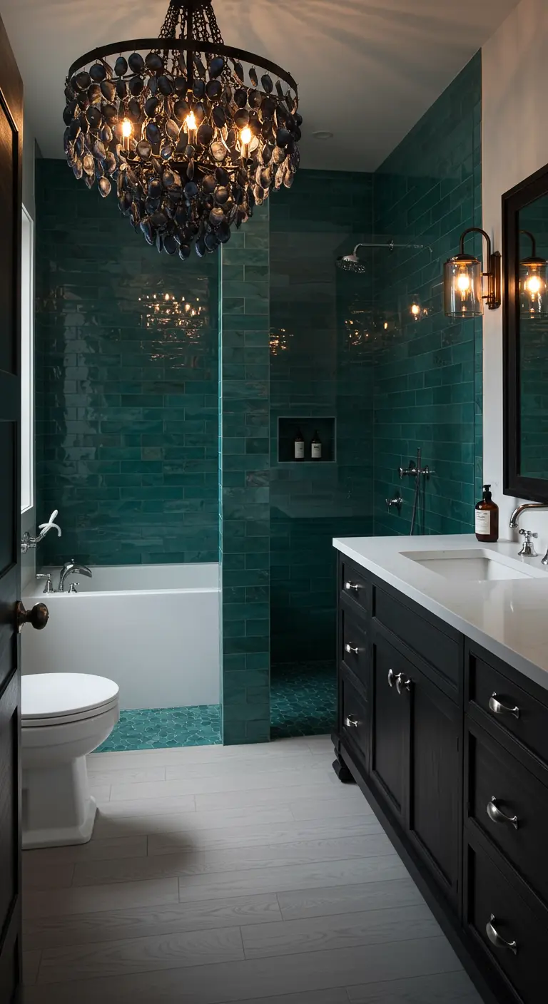 Dark bathroom with deep teal tiles and a dark blue shell chandelier.
