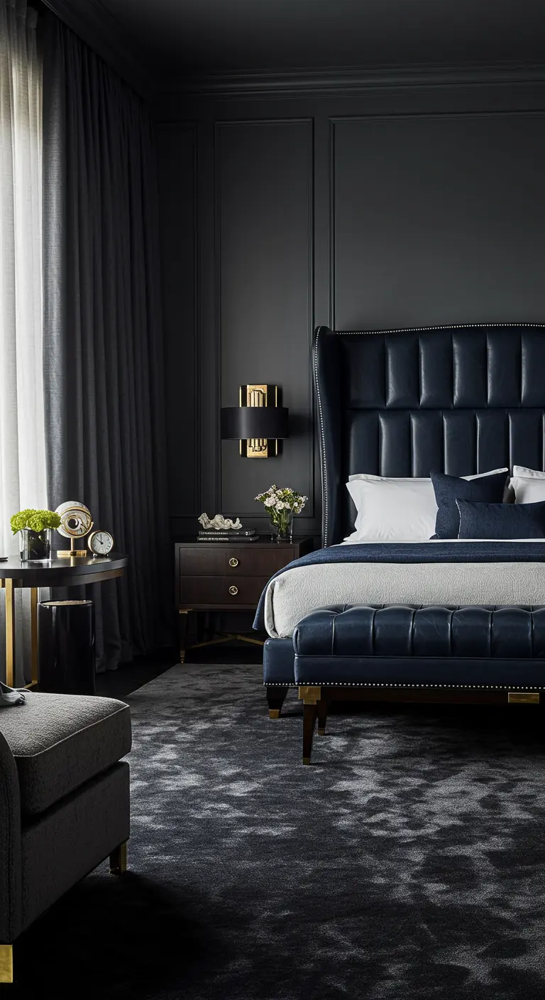 A dark and moody bedroom with charcoal walls and a navy leather wingback bed.