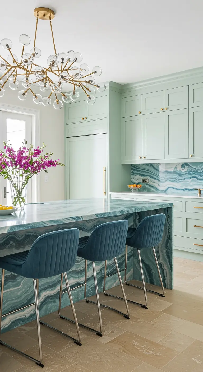 A kitchen with mint green cabinets, an aqua-toned marble island, and dark teal velvet stools.