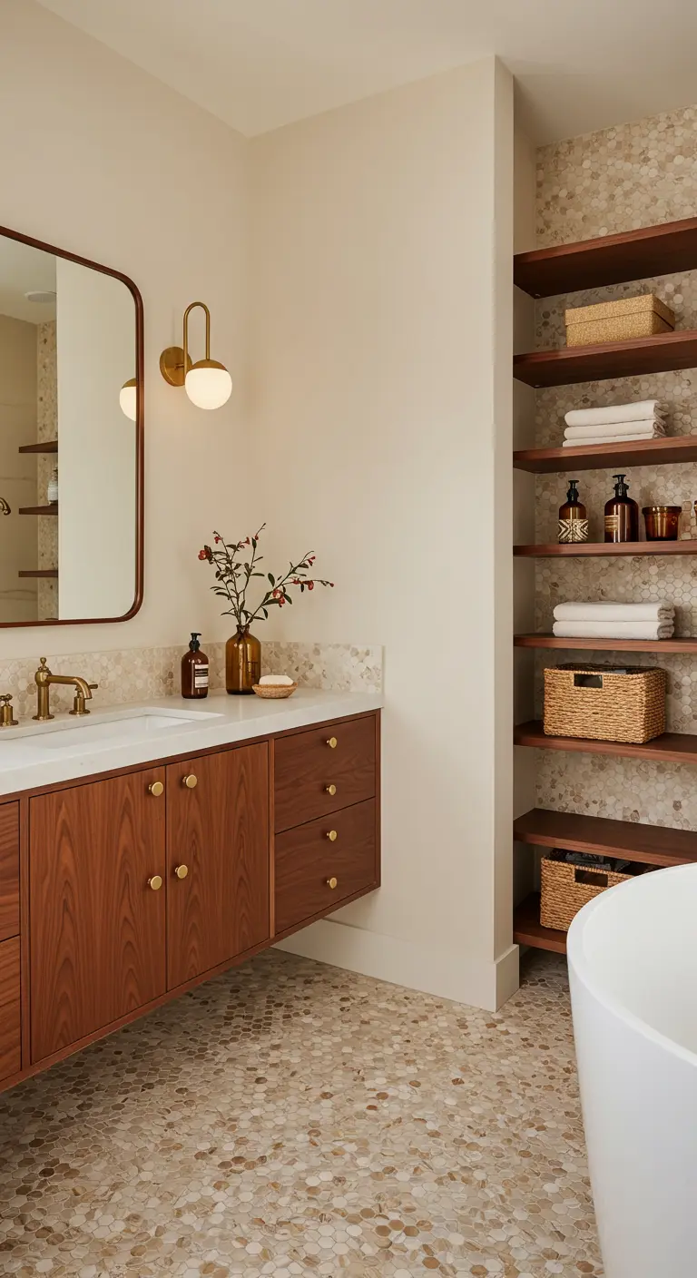 A warm bathroom with a walnut vanity, beige hexagon tile, and built-in shelving.