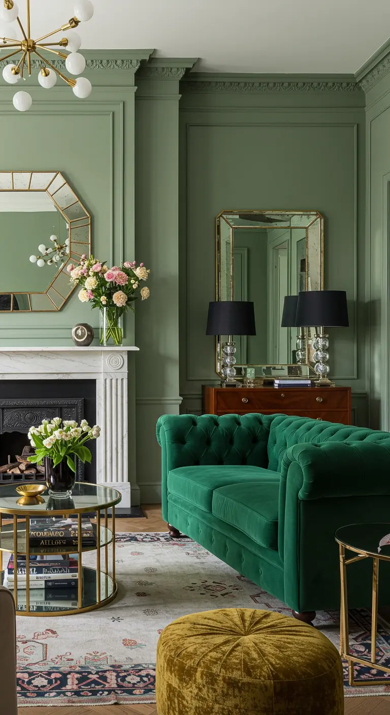 Living room with muted olive-green walls, a darker green velvet sofa, and a chartreuse velvet ottoman.