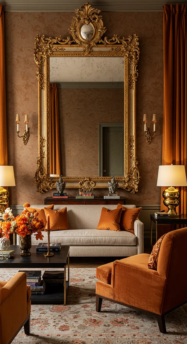 An enormous ornate gold mirror hangs in a room with warm, textured walls and orange velvet furniture.