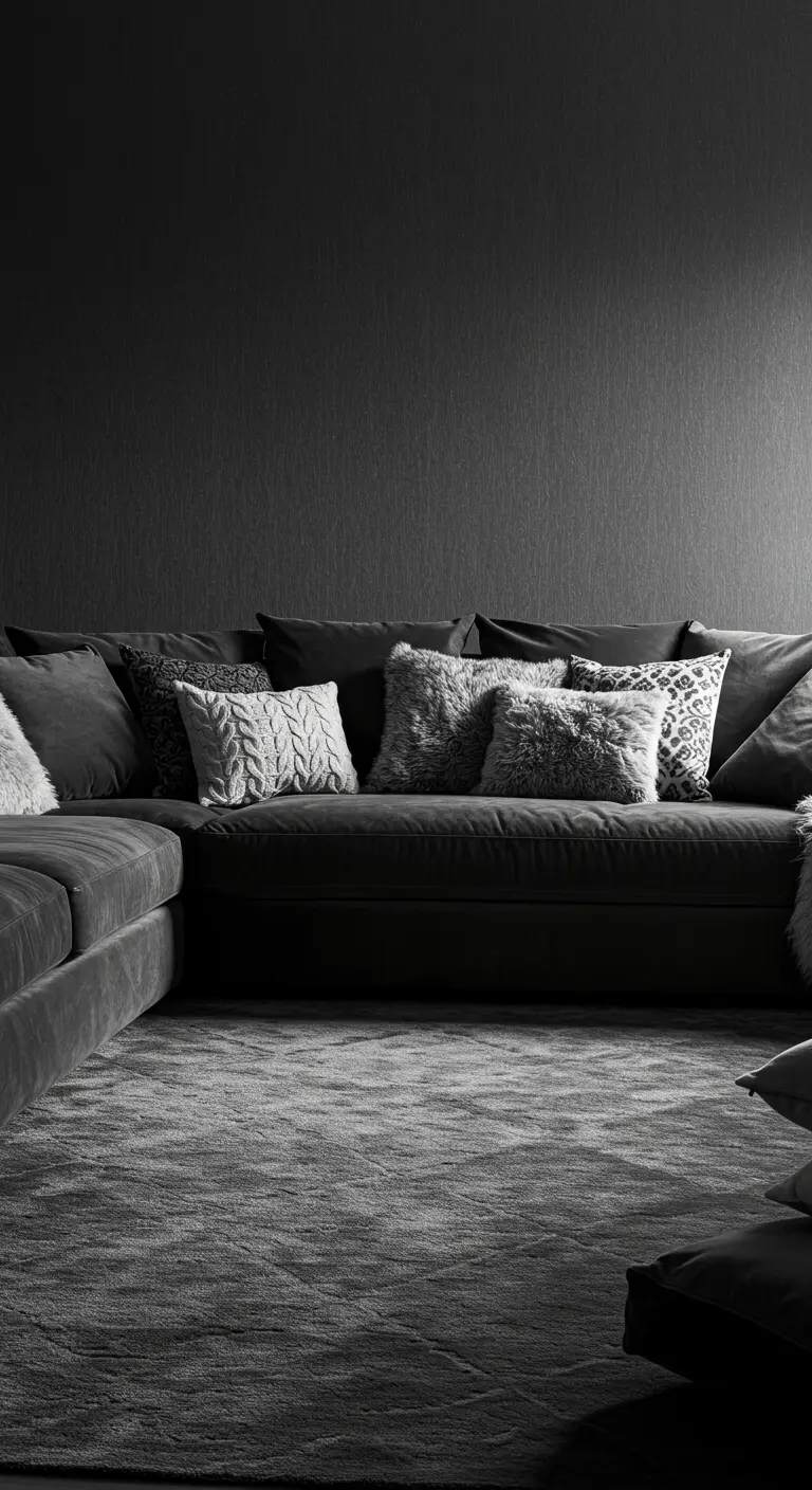 Charcoal grey sectional with a variety of textured grey and white pillows.