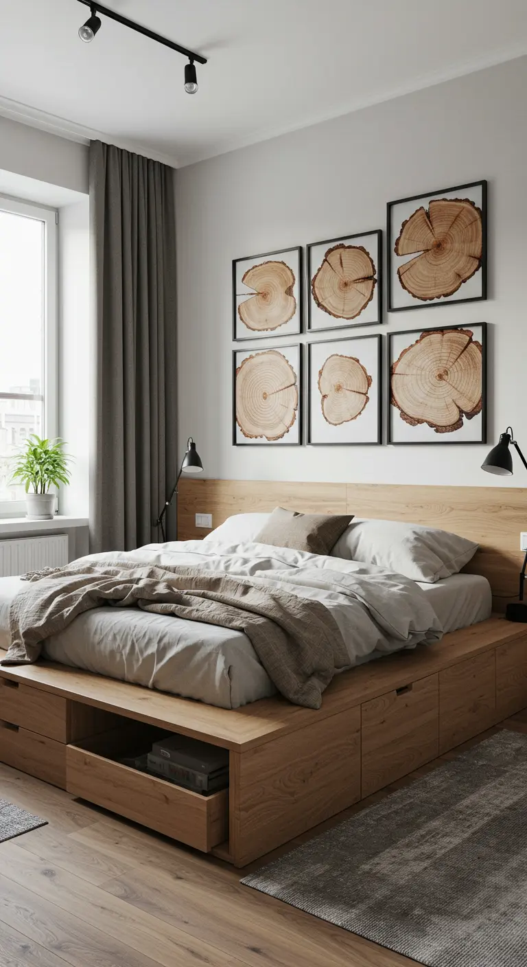 A grid of six prints showing the rings of tree trunk cross-sections hangs above a wood bed.