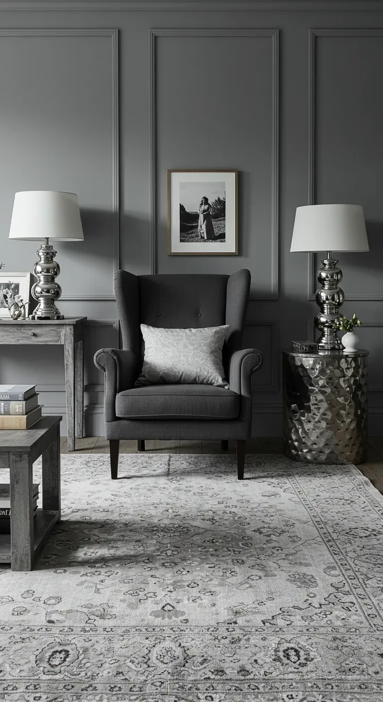 Monochromatic gray living room with a charcoal wingback chair and a textured silver side table.