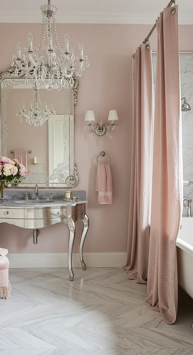 Blush pink bathroom with an ornate silver vanity, crystal chandelier, and pink shower curtain.
