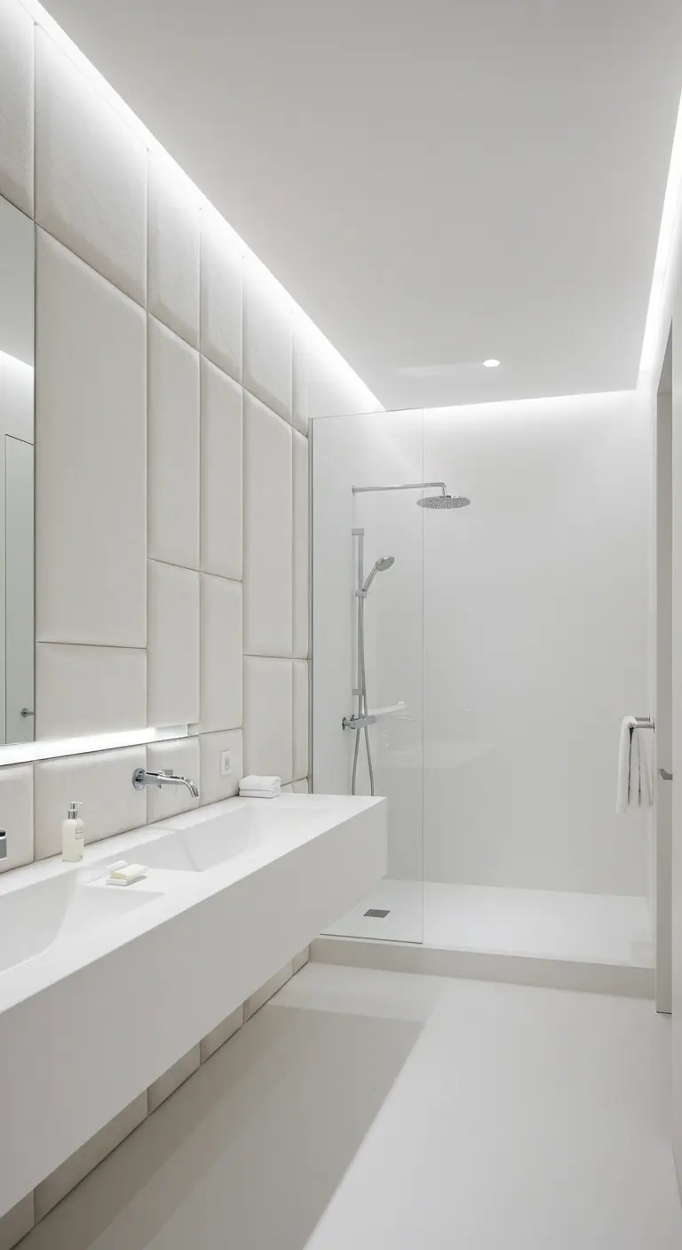 Minimalist all-white bathroom with padded wall panels and an integrated Corian sink.
