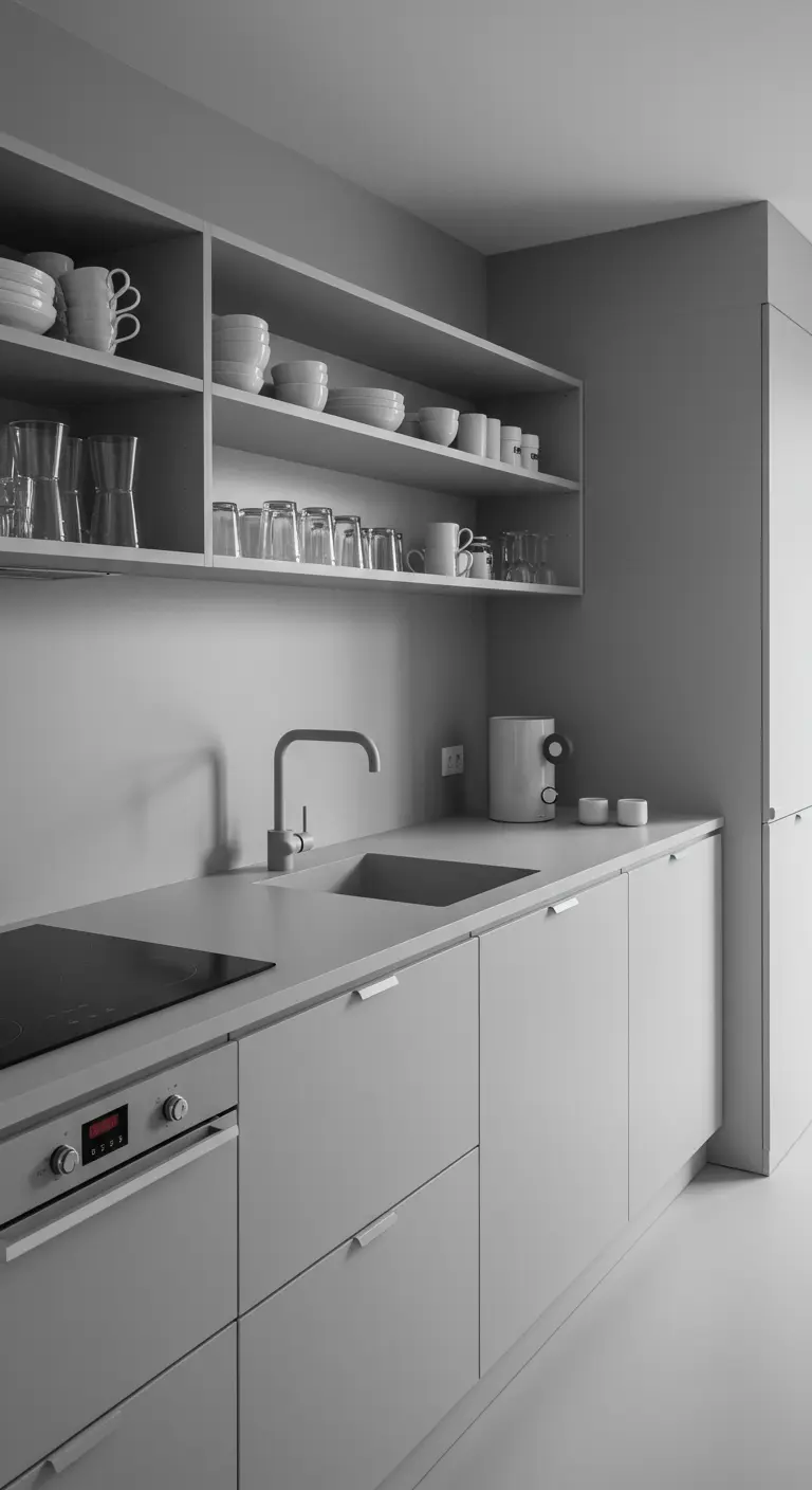 A modern, minimalist kitchen designed entirely in coordinating shades of soft gray.