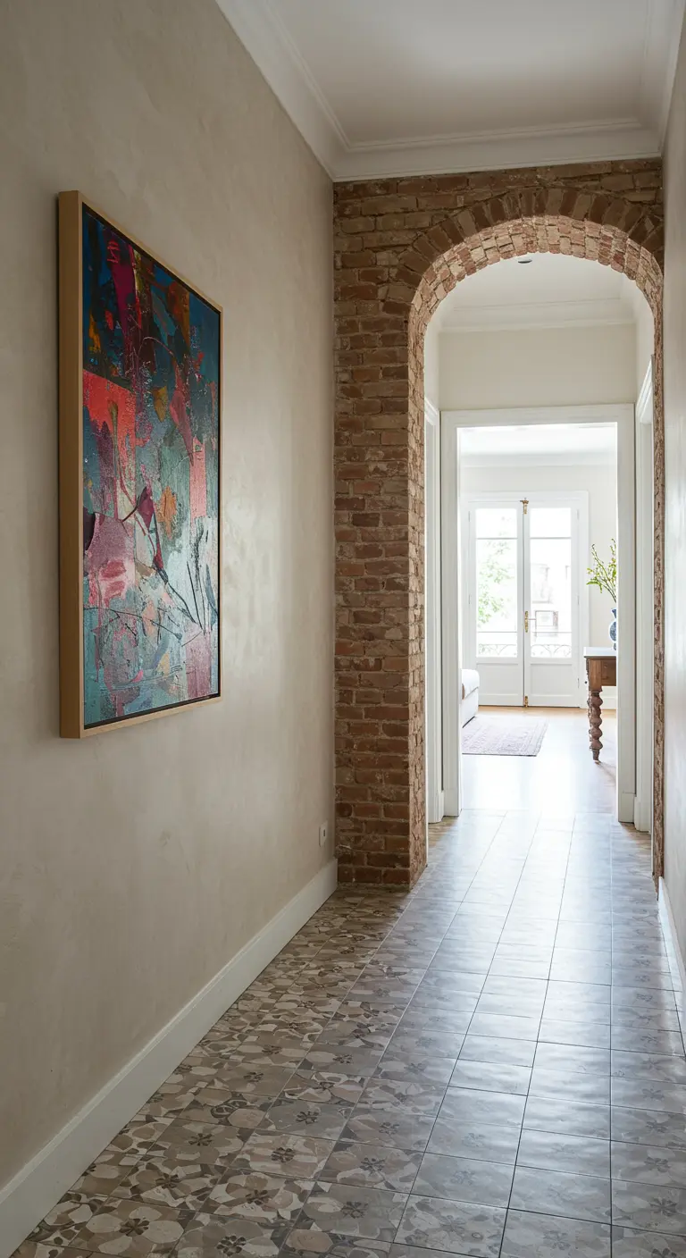 Hallway with plaster walls and an exposed brick archway leading to another room.