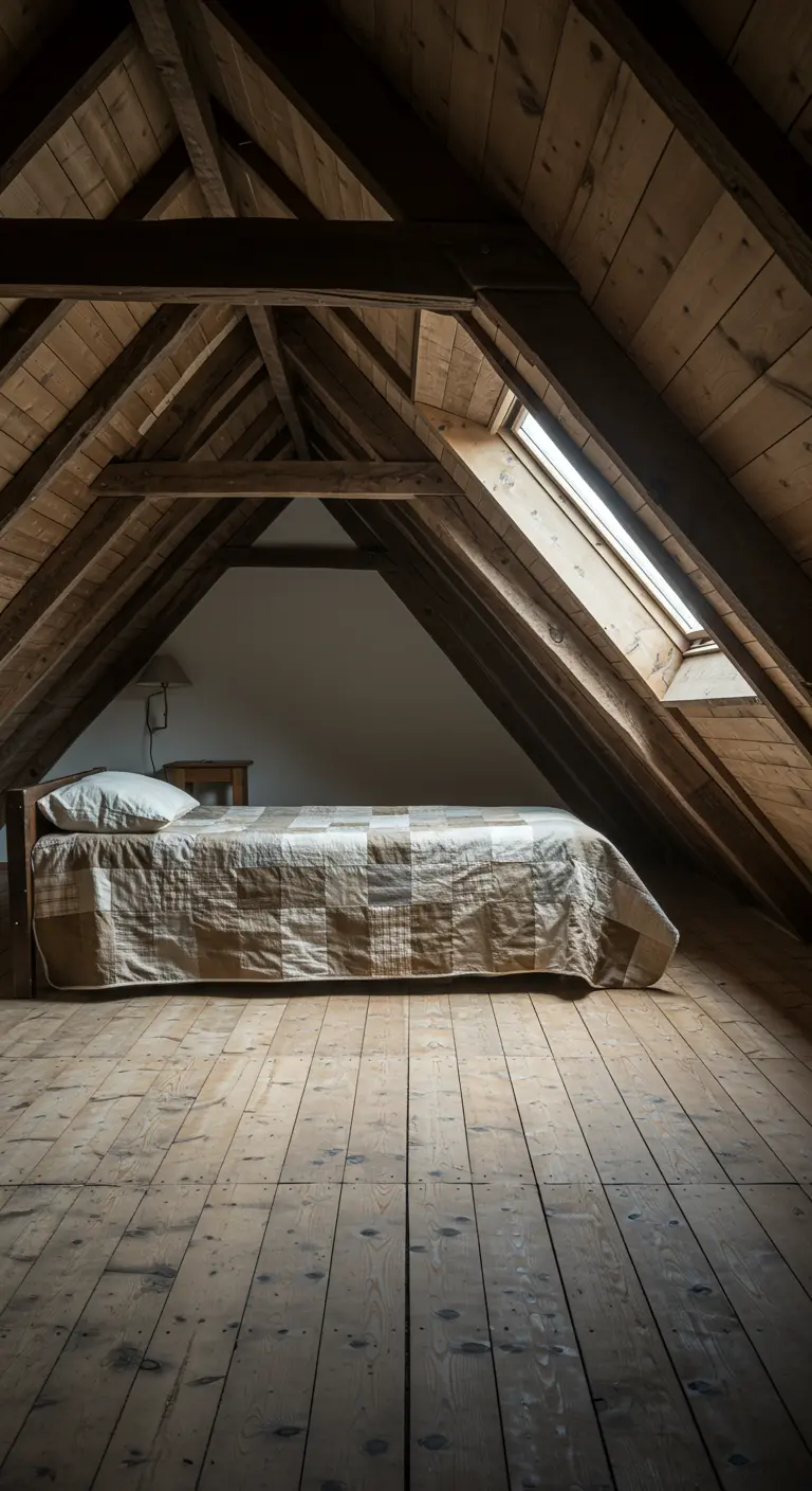 An attic bedroom with exposed wooden beams, a simple bed, and wide-plank wood floors.