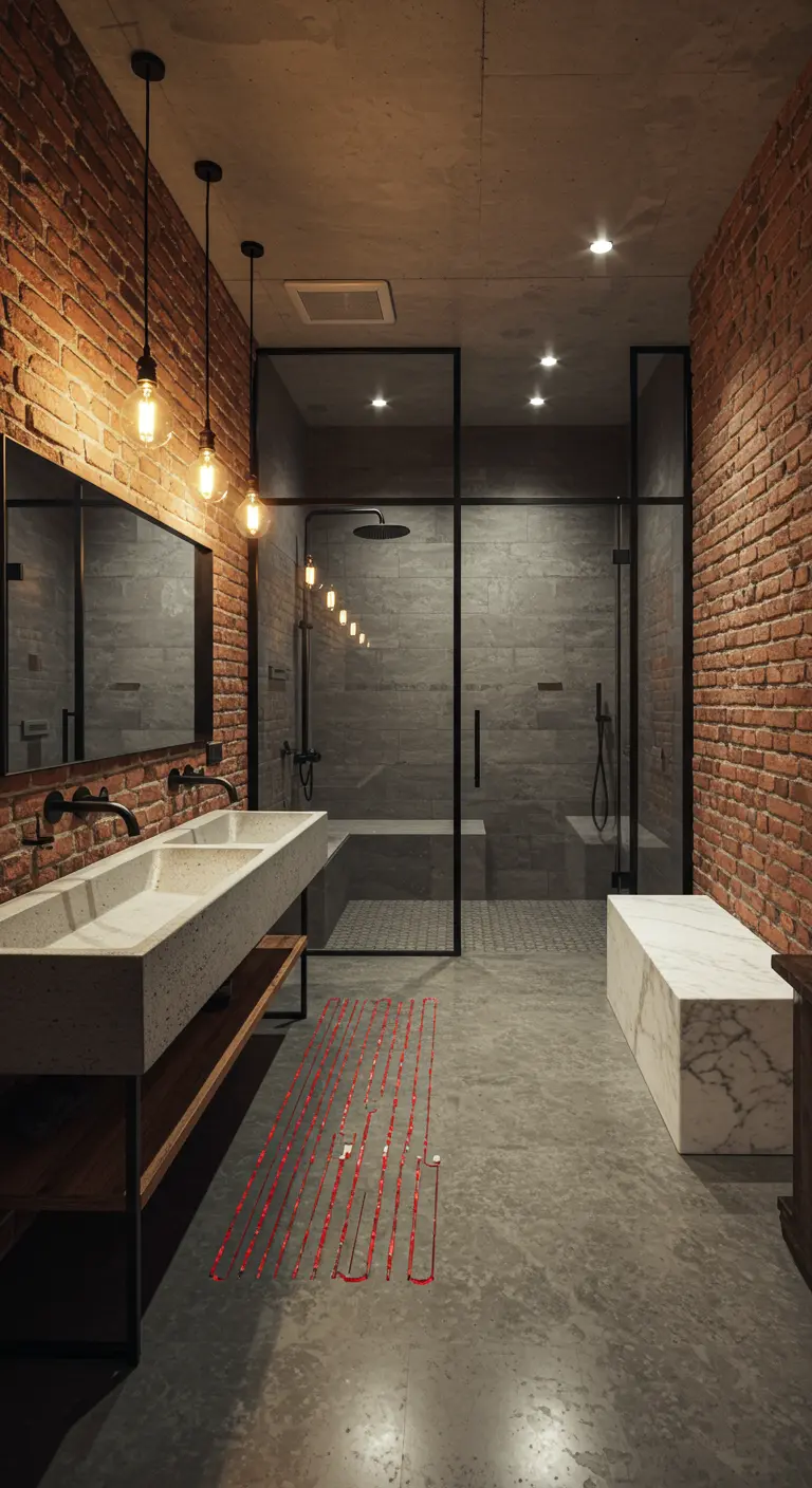Industrial bathroom with exposed brick, concrete vanity, and visible radiant floor heating coils.