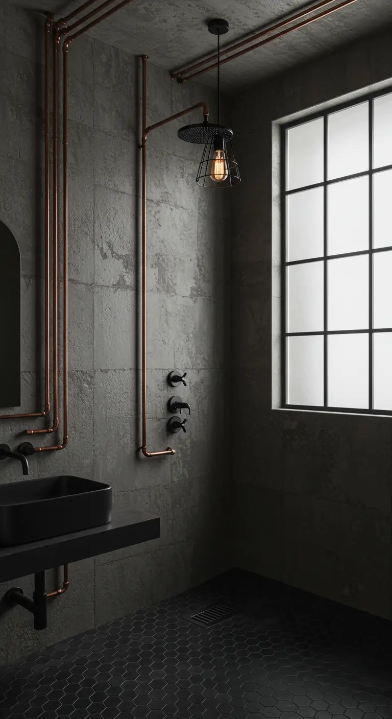 Industrial bathroom with exposed copper piping, matte black fixtures, and a frosted window.