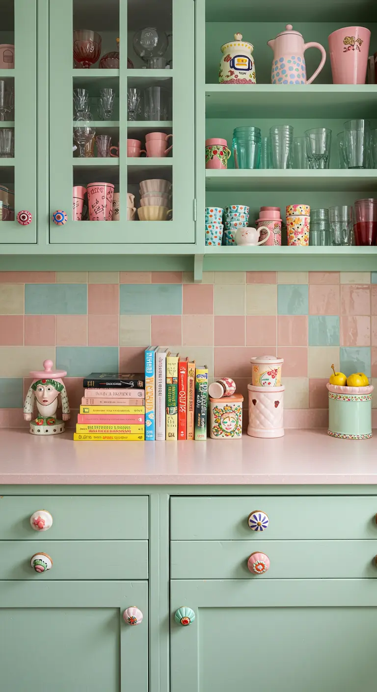 Eclectic kitchen with mint cabinets, colorful tile backsplash, and mismatched ceramic knobs.