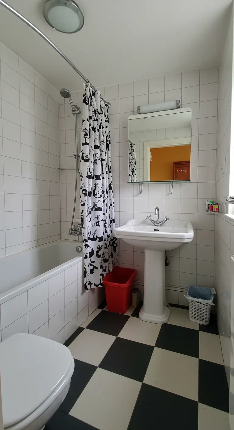 Simple bathroom with a playful black-and-white patterned shower curtain.
