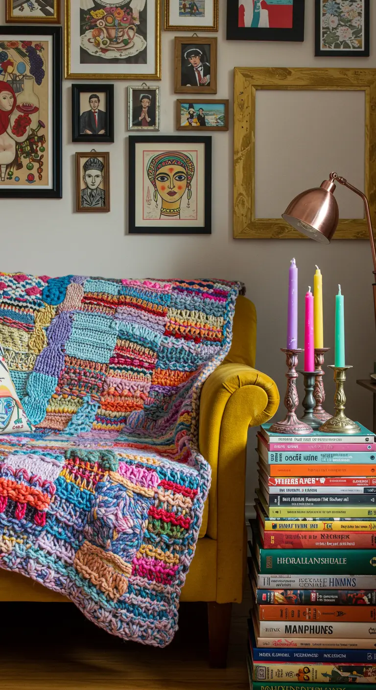 Yellow sofa with a colorful patchwork throw, a gallery wall, and candles on a stack of books.