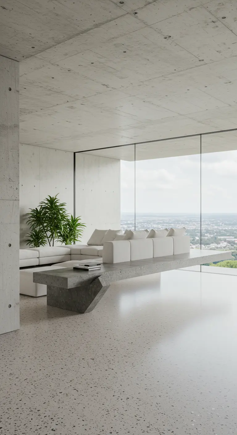 All-concrete living room where the console extends to become the coffee table.