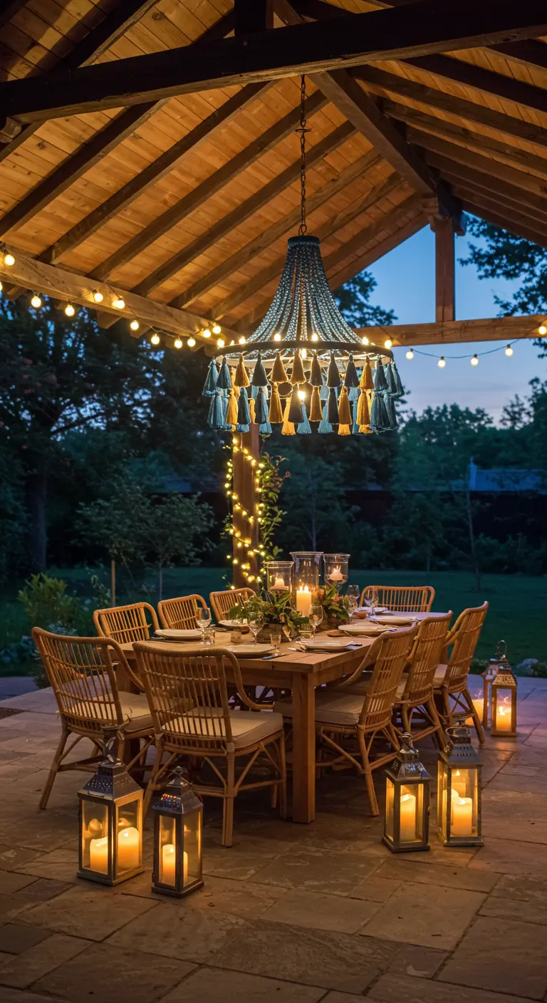 Outdoor patio dining area at dusk with a tassel chandelier and many lanterns.