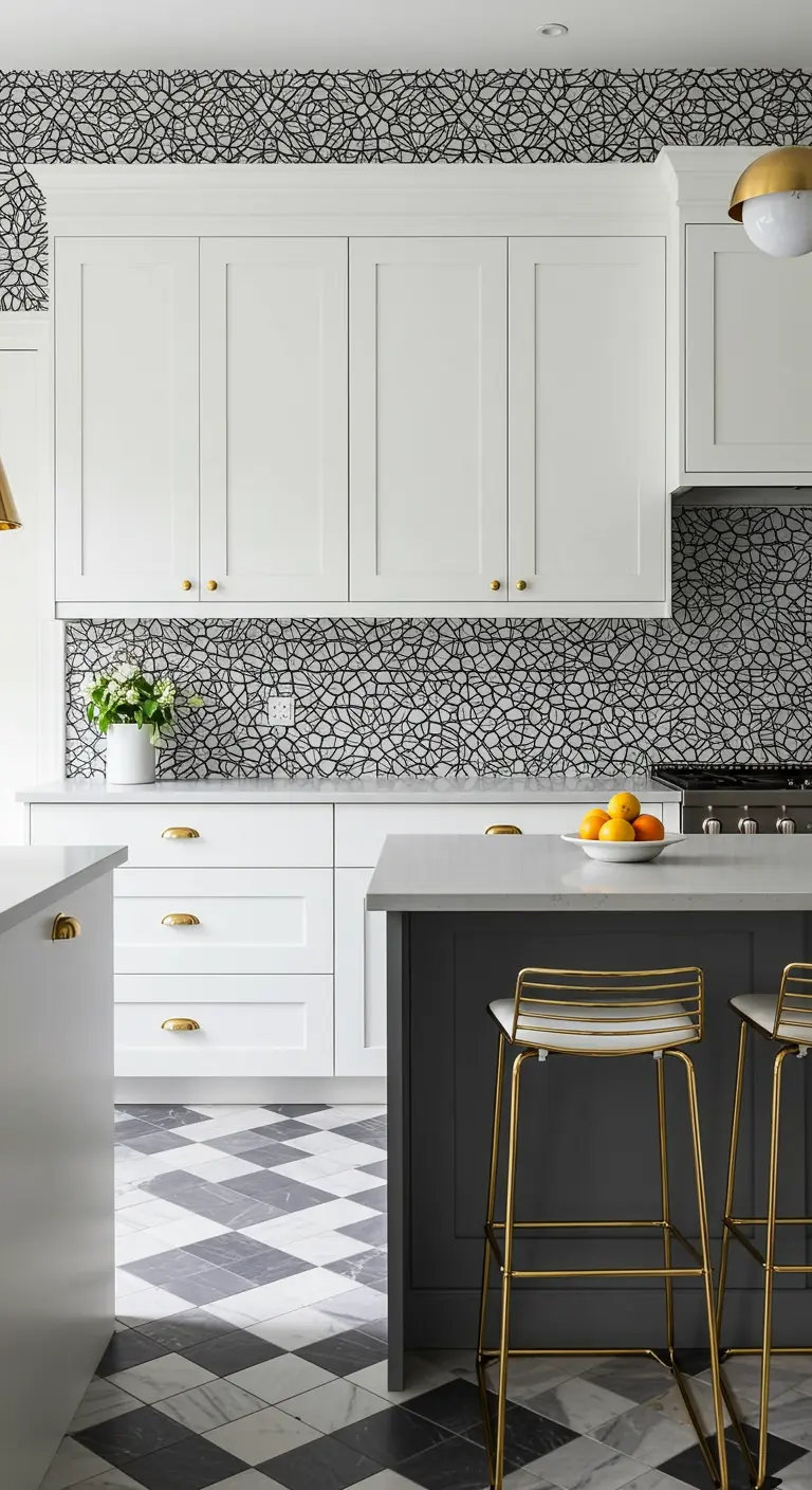 Kitchen with white cabinets and a bold black-and-white pattern on the backsplash and wall.
