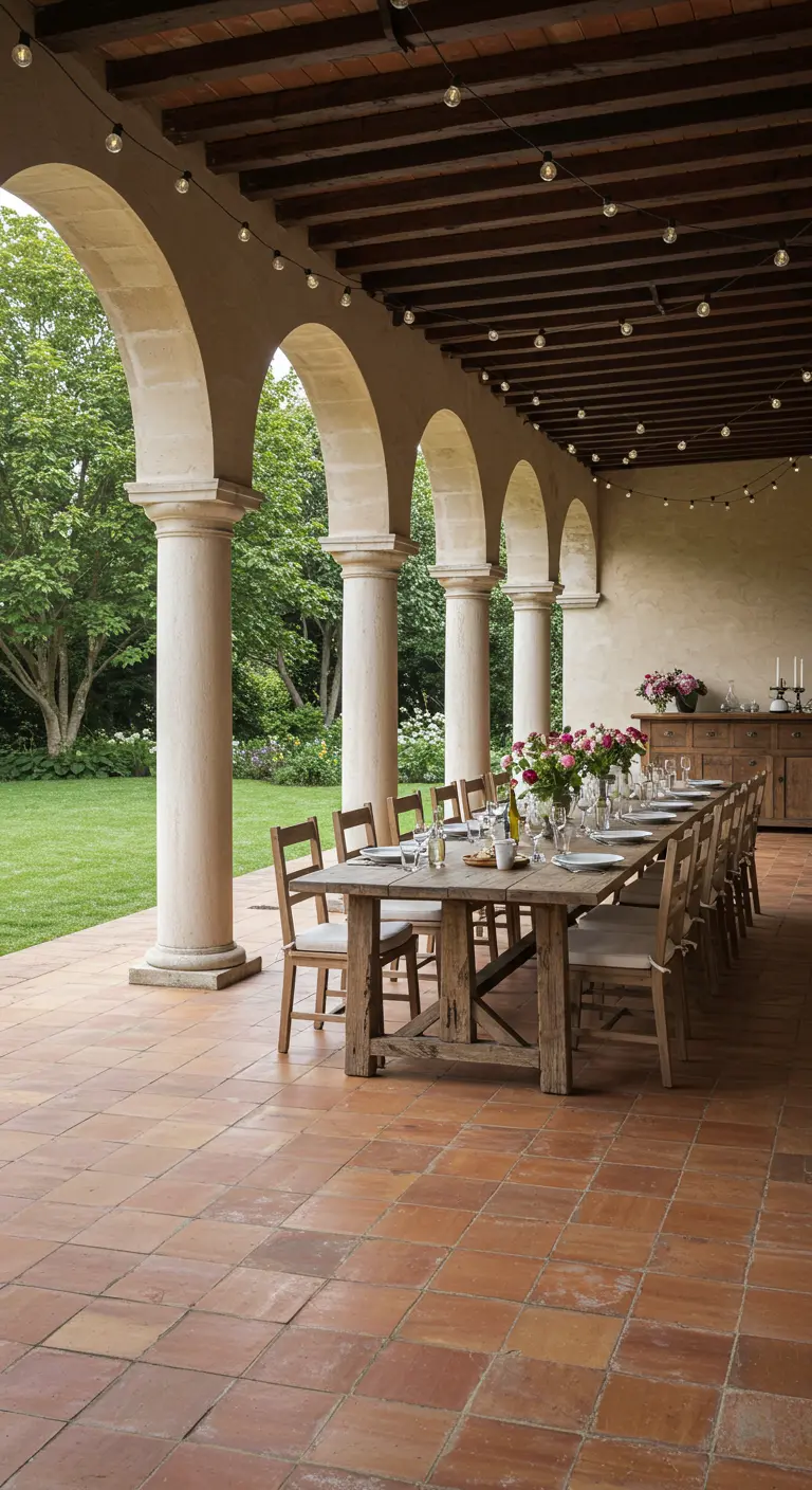 An outdoor dining table set up on a covered patio with stone arches and columns.