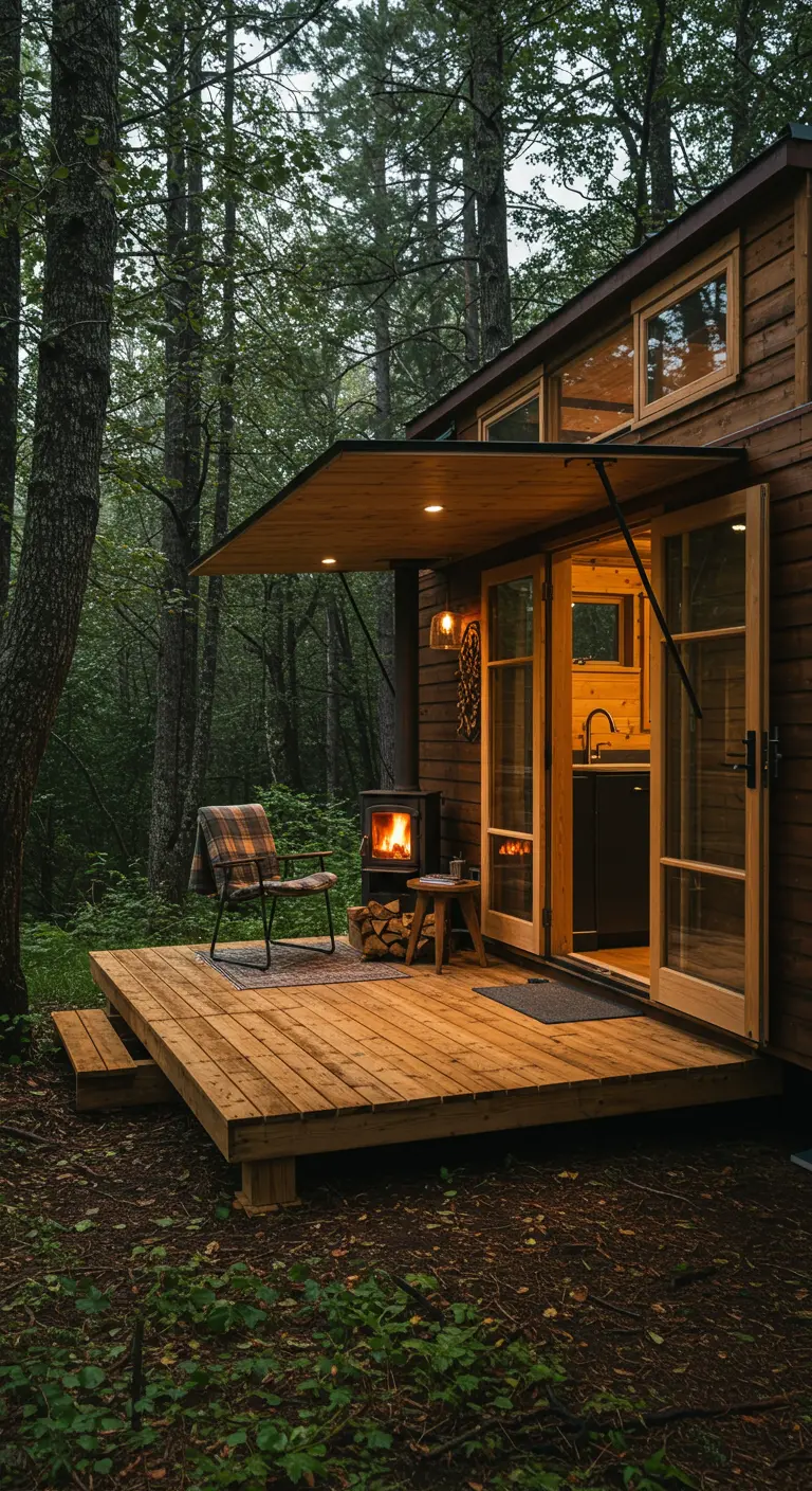 Tiny home's wooden deck with a small, glowing wood stove and a chair.