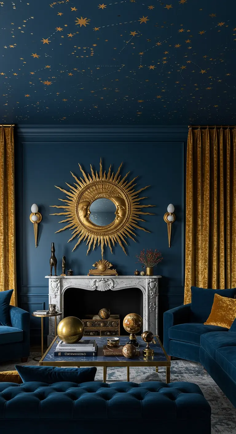 A sunburst mirror over a fireplace in a room with a navy blue ceiling painted with gold stars.