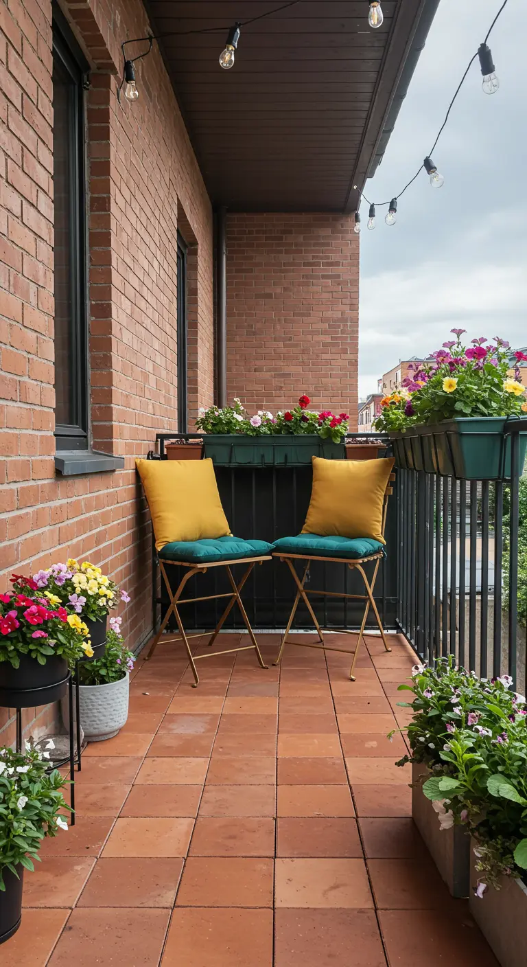 Small balcony with terracotta tiles and folding chairs with teal seats and mustard cushions.