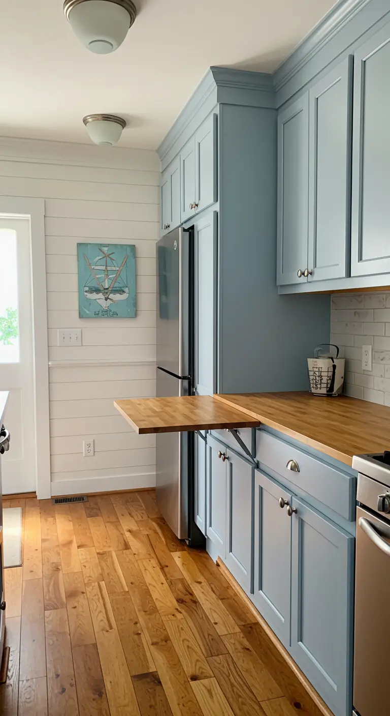 Coastal kitchen with blue cabinets and a folding butcher block counter extension.