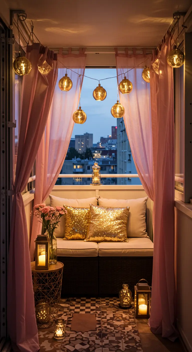 A romantic balcony with pink curtains, sequin pillows, and lanterns.