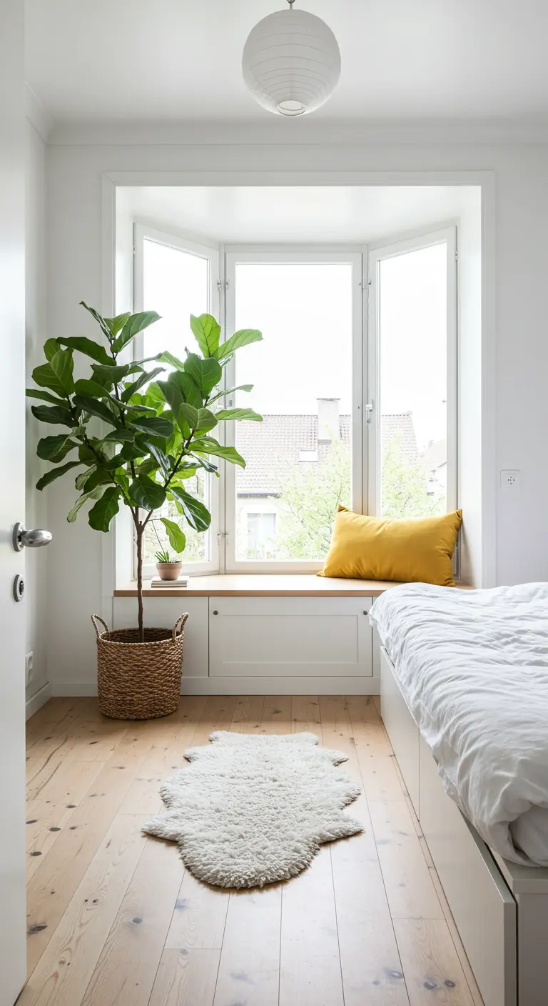 Bedroom with a window seat nook and a large fiddle leaf fig plant.