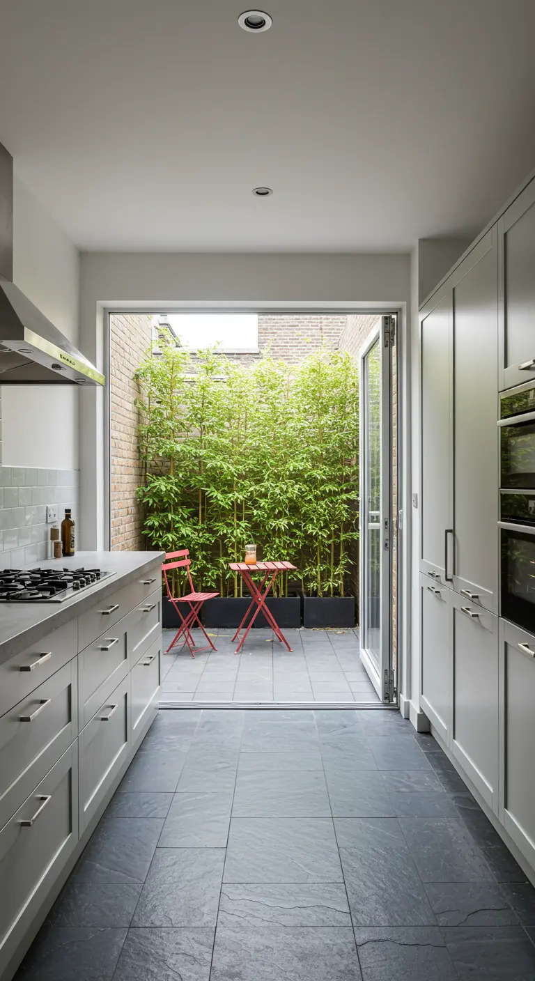 Galley kitchen with grey cabinets opening onto a patio with a tall bamboo screen.
