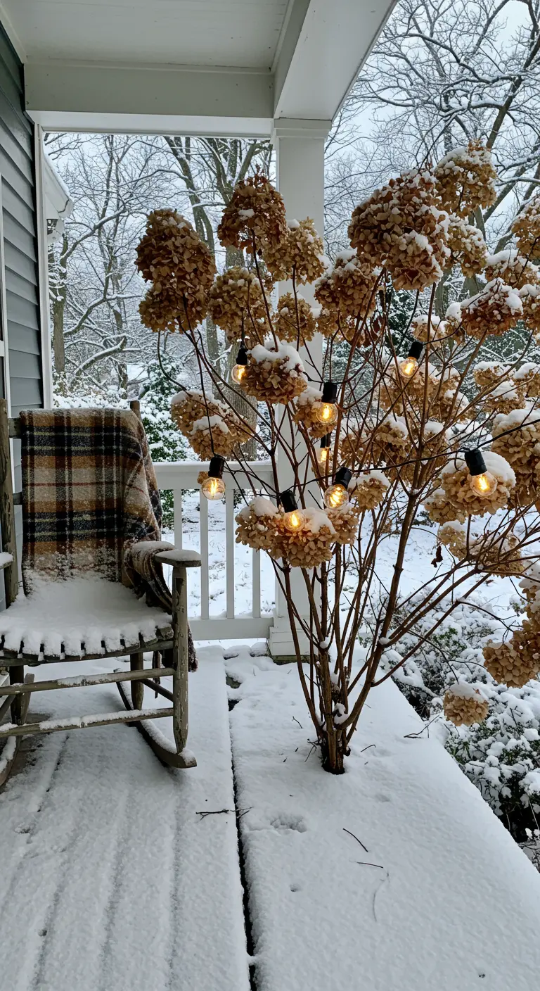 A hydrangea with dried, snow-covered blooms decorated with bistro string lights.