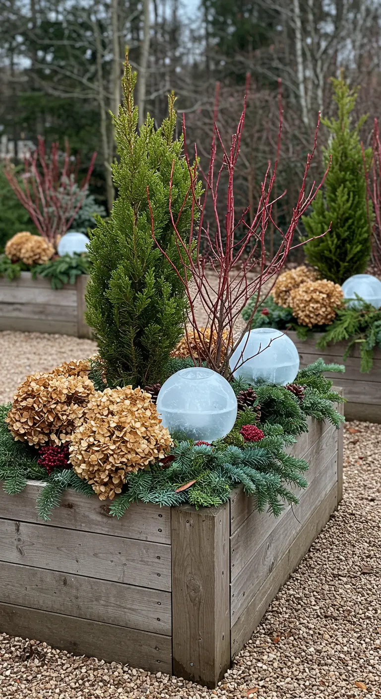 A rustic wooden planter with dried hydrangeas, red twigs, evergreens, and glowing orbs.