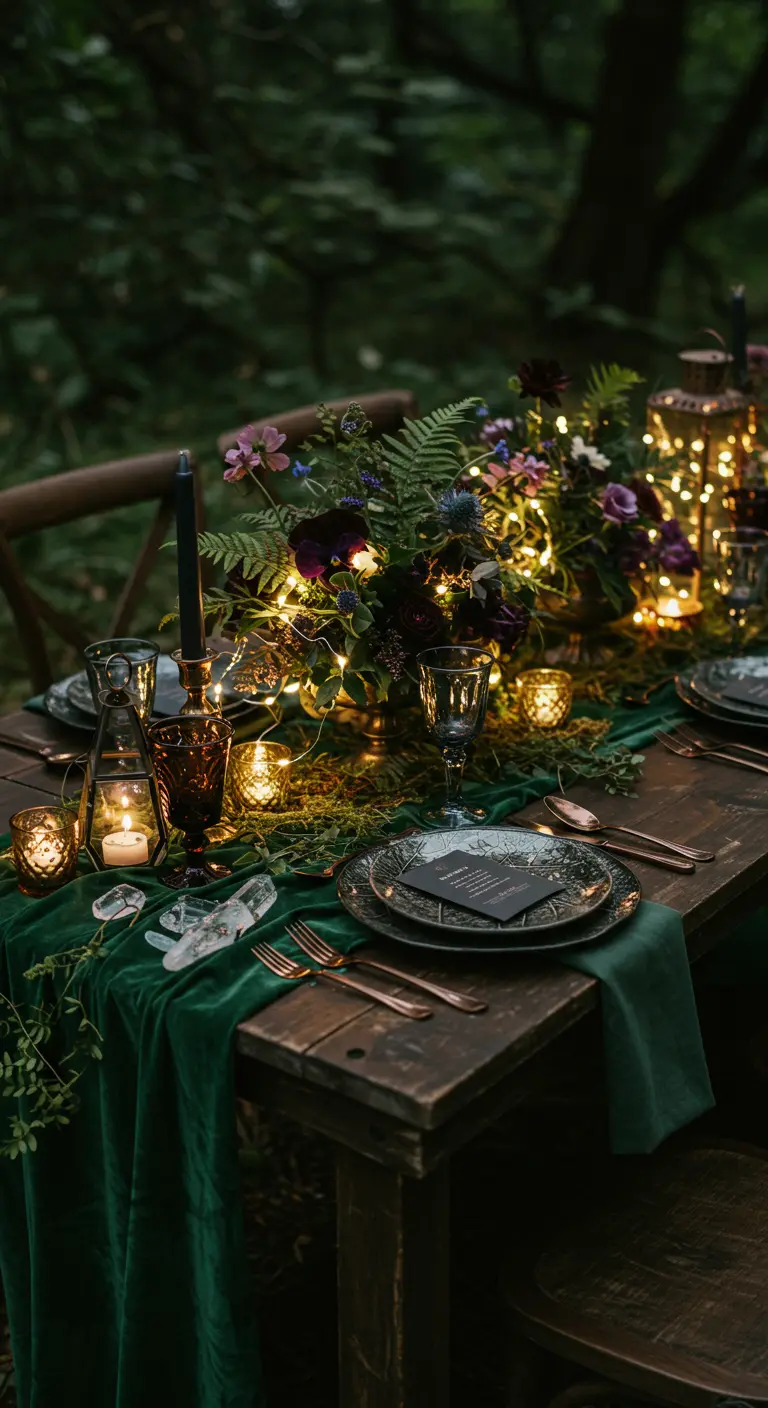 A dark, moody tablescape with a mossy centerpiece intertwined with glowing fairy lights.